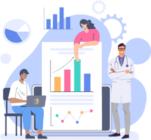 Graphic of physicians and admins looking at data
