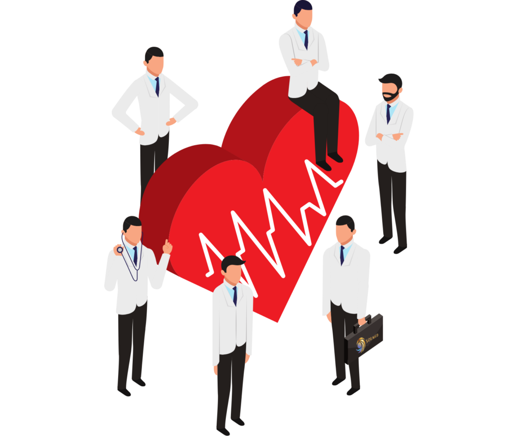 Graphic of Doctors standing around a 3D heart shape